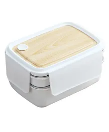 COMERCIO Wood Finish Double Layer Stainless Steel Lunch Box - Cream