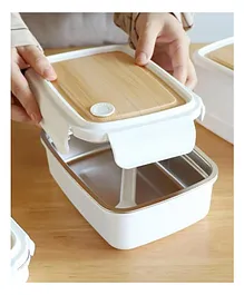 COMERCIO Wood Finish Double Layer Stainless Steel Lunch Box - White
