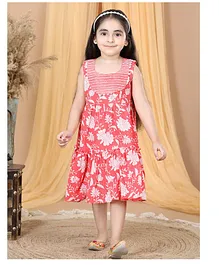 Kinder Kids Sleeveless Floral Printed Fit & Flare Gota Embellished Lace Dress - Red