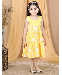 Kinder Kids Sleeveless Floral Printed Fit & Flare Gota Embellished Lace Dress -Yellow
