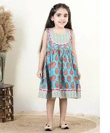 Kinder Kids Sleeveless Jaipuri Floral Motif Printed Fit & Flare Gota Embellished Lace Dress - Blue