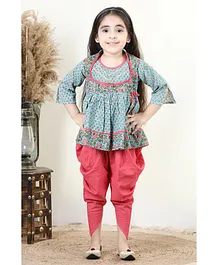 Kinder Kids Floral Printed Angrakha Style Kurti Paired With Dhoti- Blue, Peach
