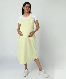 MANET Half Sleeves Solid Dungaree Style Maternity Dress With Concealed Zipper Nursing Access - Yellow