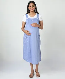 MANET Half Sleeves Solid Dungaree Style Maternity Dress With Concealed Zipper Nursing Access - Blue