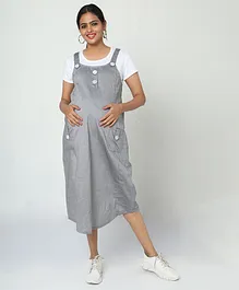 MANET Half Sleeves Solid Dungaree Style Maternity Dress With Concealed Zipper Nursing Access - Grey