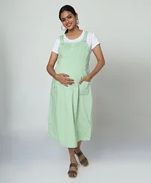 MANET Half Sleeves Solid Dungaree Style Maternity Dress With Concealed Zipper Nursing Access - Green