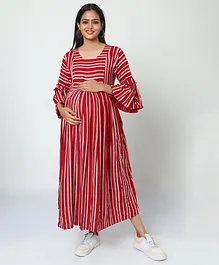 MANET Three Fourth Bell Sleeves Balanced Striped Flared Maternity Dress With Concealed Zipper Nursing Access - Red