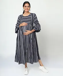 MANET Three Fourth Bell Sleeves Balanced Striped Flared Maternity Dress With Concealed Zipper Nursing Access - Blue