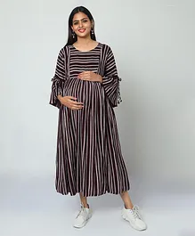 MANET Three Fourth Bell Sleeves Balanced Striped Flared Maternity Dress With Concealed Zipper Nursing Access - Brown