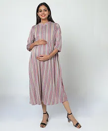 MANET Three Fourth Sleeves Balanced Striped Flared Maternity Dress With Concealed Zipper Nursing Access - Grey
