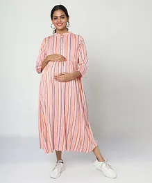 MANET Three Fourth Sleeves Striped Maternity Dress With Concealed Zipper & Nursing Access - Pink