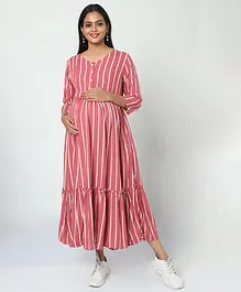 MANET Three Fourth Sleeves Striped & Flared Maternity Dress With Concealed Zipper Nursing Access - Pink