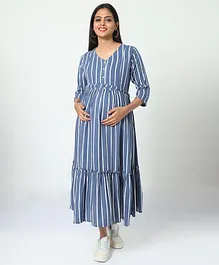 MANET Three Fourth Sleeves Striped Tiered Maternity Dress With Concealed Zipper & Nursing Access - Blue