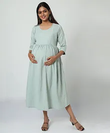 MANET Three Fourth Sleeves Striped Maternity Dress With Concealed Zipper & Nursing Access - Pista Green