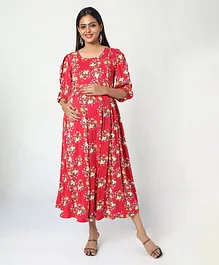 MANET Three Fourth Sleeves Floral Printed Maternity Dress  With Concealed Zipper Nursing Access - Red