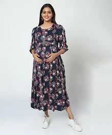 MANET Three Fourth Sleeves Floral Printed Maternity Dress  With Concealed Zipper Nursing Access - Navy Blue