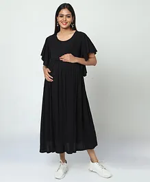 MANET Half Sleeves Frill Detailed Solid Flared Maternity Dress With Concealed Zipper Nursing Access - Black