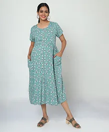 MANET Half Sleeves Seamless Floral Printed Flared Maternity Dress With Concealed Zipper Nursing Access - Green