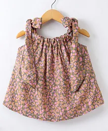 Hugsntugs Sleeveless All Over Abstract Dots Printed Gathered Neckline Detailed Shoulder Tie Up Top - Pink