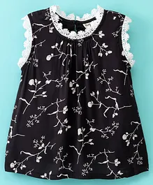 Hugsntugs Sleeveless All Over Flower Stem Printed & Lace Embellished Top - Black