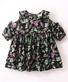 Hugsnrugs Half Sleeves Seamless Flowers Printed Cold Shoulder Top - Black