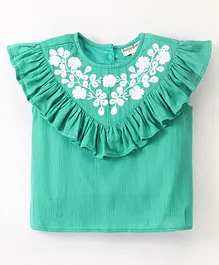 Hugsntugs Cap Sleeves Frill Neckline Detailed & Floral Yoke Embroidered Top - Green
