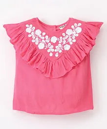 Hugsntugs Cap Sleeves Frill Neckline Detailed & Floral Yoke Embroidered Top - Pink