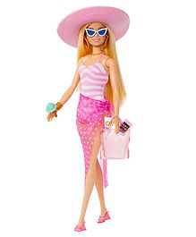 Barbie Doll Sun Hat Tote Bag and Beach Themed Accessories  with Pink and White Swimsuit - Height 30 cm