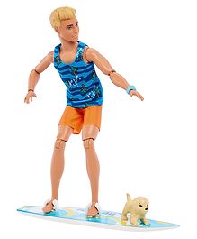 Barbie Ken Doll With Surfboard And Pet Puppy Poseable Blonde Beach Doll With Themed Accessories Like Towel - Length 30.5 cm