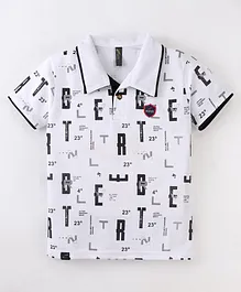 Earth Conscious Half Sleeves All Over Text & Number Printed Polo Tee - White