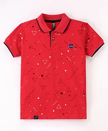Earth Conscious Half Sleeves Geometric Abstract Printed Polo Tee - Red