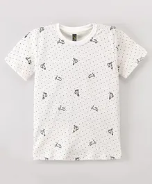 Earth Conscious Half Sleeves Seamless Polka Dots & Vintage Scooter Printed Tee - White