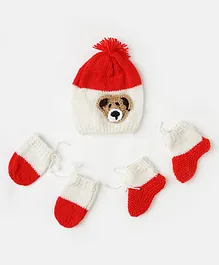 The Original Knit Handmade Cap With Socks & Mittens  - Red & White