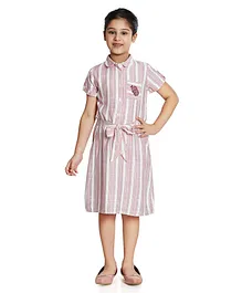 Peppermint Half Sleeves Cotton Striped Dress - Pink