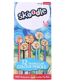 Skoodle 12 Triangular Colour Pencils With Free Sharpener - Multicolour