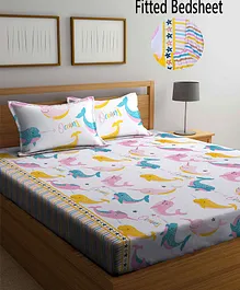FABINALIV Cartoon Print 300 TC Cotton Blend King Size Fitted Double Bedsheet with 2 Pillow Covers - Multicolor