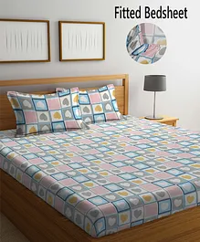 FABINALIV Geometric 300 TC Cotton Blend Super King Size Fitted Double Bedsheet with 2 Pillow Covers - Multicolor