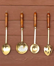 Indian Bartan Set of 4 Brass Ladles with Wooden Handles - Silver