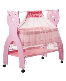 Kiddery Bella Wooden Cradle for New Born Baby with Mosquito Protection Net - Pink