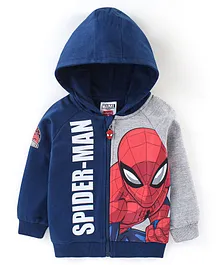 Babyhug 100% Cotton Knit Full Sleeves Sweat Jacket With Zipper & Hood Detailing Spiderman Print - Navy Blue