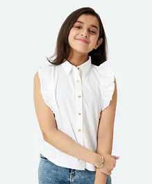 Olele Sleeveless Linen Blend Ruffled Solid Colour Shirt - White