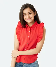 Olele Sleeveless Linen Blend Ruffled Solid Colour Shirt - Red