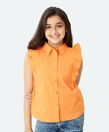 Olele Sleeveless Cotton Linen Ruffled Solid Colour Shirt - Orange