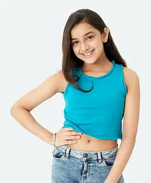 Olele Sleeveless Cotton Solid Colour Crop Top - Teal