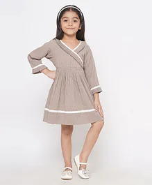 Little Bansi Three Fourth Sleeves Cotton Blend Dress with Thread Work & Frill Detailing - Brown
