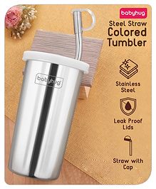 Babyhug Steel Straw Tumbler With Straw Cleaning Brush Silver - 450 ml