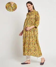 Aujjessa Three Fourth Sleeves Jaipuri Floral & Paisley Printed Maternity Kurta With Side Pocket & Concealed Zipper Nursing Access - Yellow