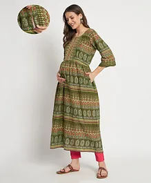 Aujjessa Three Fourth Sleeves Seamless Ethnic Style Design Printed Maternity Kurta With Side Pocket & Concealed Zipper Nursing Access - Olive Green