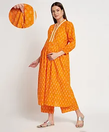 Aujjessa Three Fourth  Sleeves All Over Printed Maternity Feeding Kurta Set - Mustard Yellow