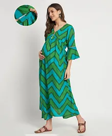 Aujjessa Three Fourth Sleeves Chevron Printed Maternity Feeding Kurta Set - Turquoise Green